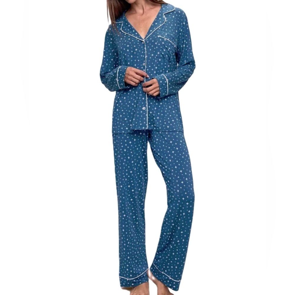 Eberjey NWT Gisele Modal Festive Lights Sapphire Star Long PJ Set Women’s Size S